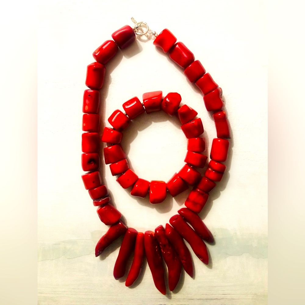 Vintage Bamboo Coral Gemstone Necklace and Bracelet